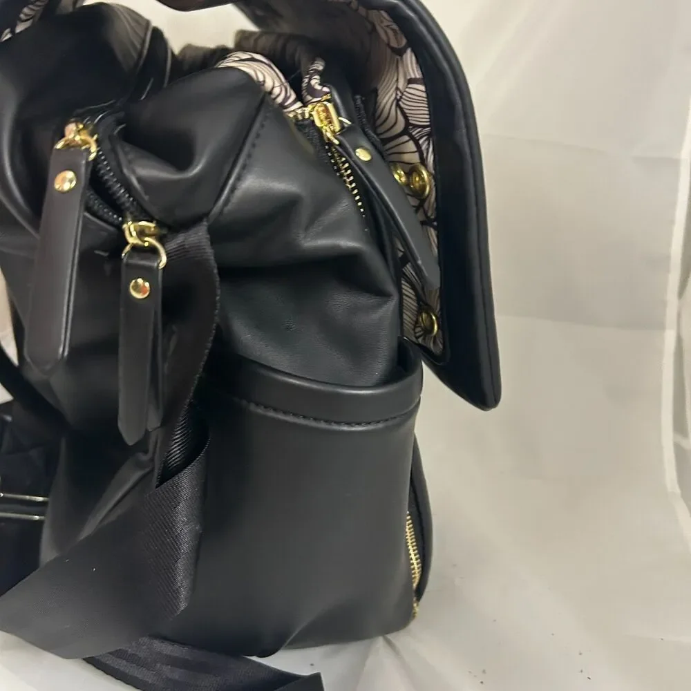 Petunia Pickle Bottom Black Vegan Leather Backpack Floral Lining Changing Pad